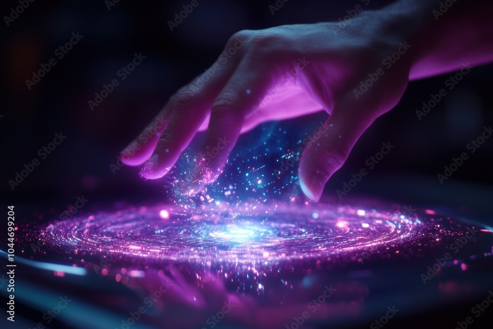 Human hand engaging with a floating digital holographic interface, showcasing advanced technology and innovation. Human hand engaging with a floating digital holographic interface, showcasing advanced technology and innovation.