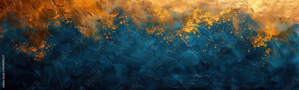 Obraz premium Painting of a blue and gold abstract painting with a black background, banner, copy space