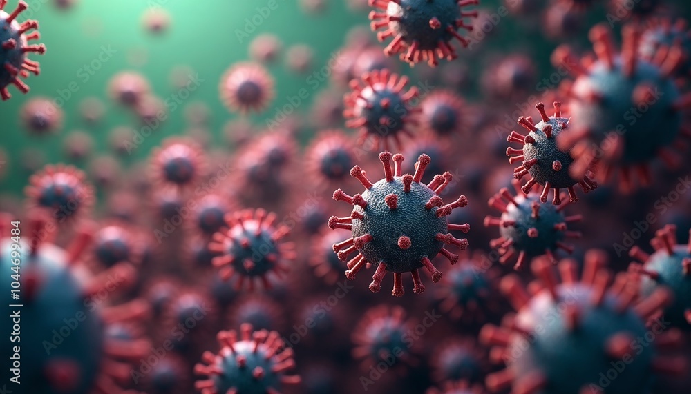 Dense cluster of red and black virus particles floating in space, scientific representation, microscopic view, copy space Dense cluster of red and black virus particles floating in space, scientific representation, microscopic view, copy space
