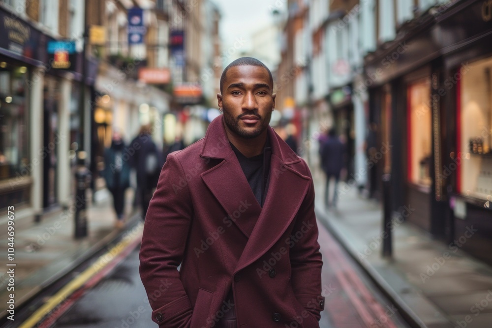 Stylish man in burgundy coat standing on bustling urban street.