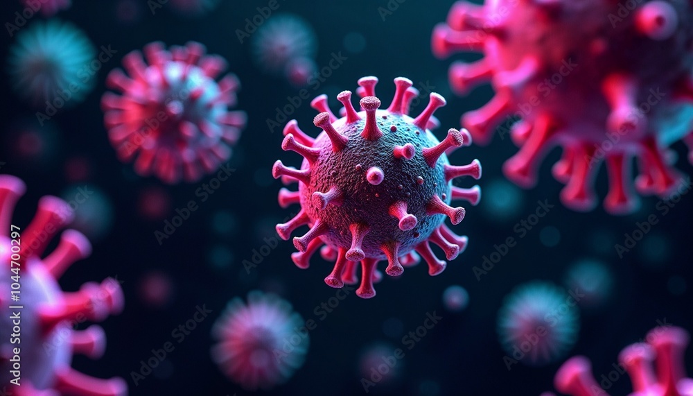 Virus particles in vibrant colors floating in space, scientific illustration, microscopic view, copy space Virus particles in vibrant colors floating in space, scientific illustration, microscopic view, copy space