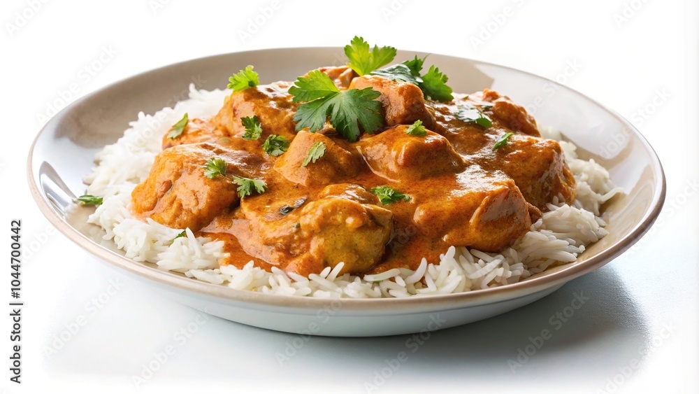 Thick gravy chicken masala with rice and coriander in plate isolated on white background Thick gravy chicken masala with rice and coriander in plate isolated on white background