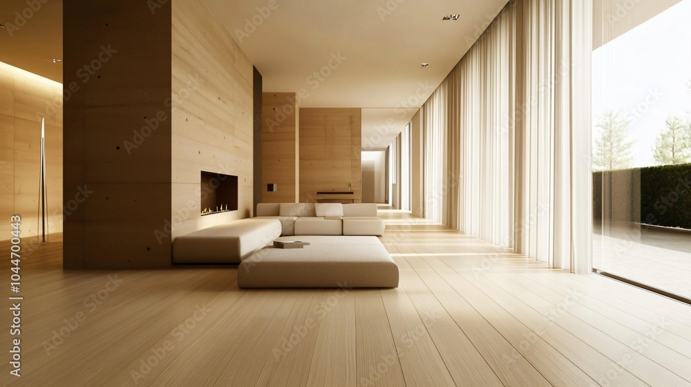 Fototapeta premium Modern Minimalist Living Room with Fireplace and Large Windows