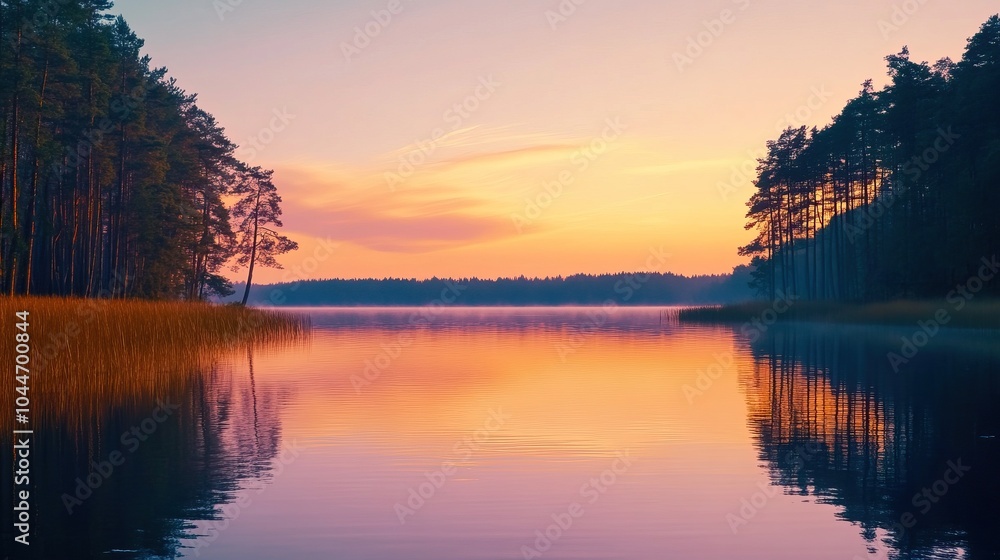 Tranquil Sunset Reflection on a Serene Lake Surrounded by Silhouetted Trees Tranquil Sunset Reflection on a Serene Lake Surrounded by Silhouetted Trees