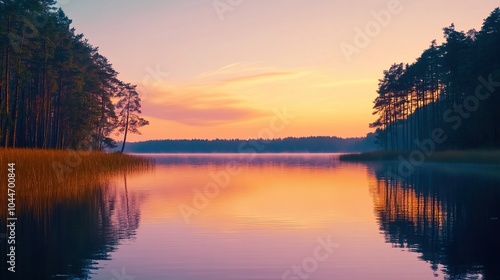 Tranquil Sunset Reflection on a Serene Lake Surrounded by Silhouetted Trees