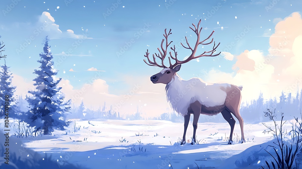 Graceful Reindeer Standing in Snowy Landscape Graceful Reindeer Standing in Snowy Landscape