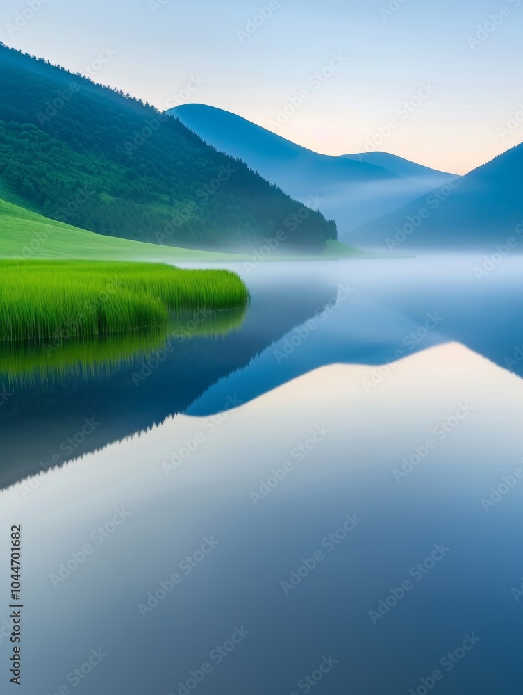 Serene mountain lake at dawn with misty hills and reflective water surface. Serene mountain lake at dawn with misty hills and reflective water surface.