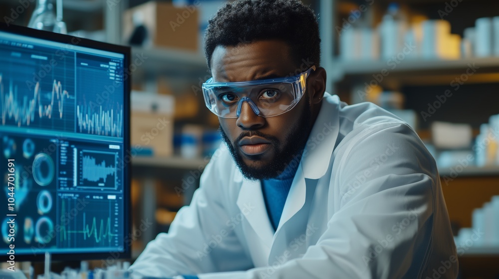 A black scientist in a lab coat and safety goggles sits at a desk A black scientist in a lab coat and safety goggles sits at a desk