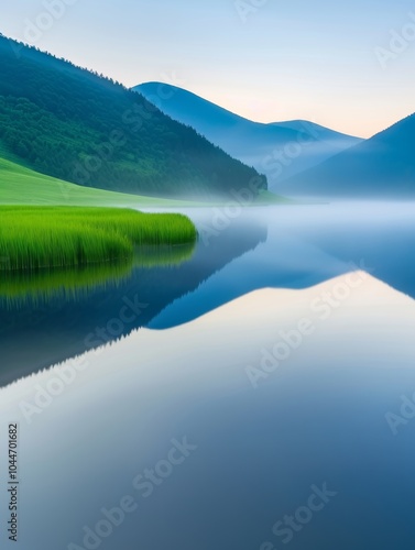 Serene mountain lake at dawn with misty hills and reflective water surface.