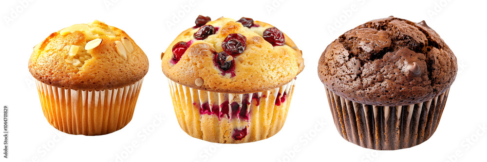 Almond, walnut and chocolate muffin or apple cinnamon cupcake topped with crunchy nuts pieces isolated on white transparent background Almond, walnut and chocolate muffin or apple cinnamon cupcake topped with crunchy nuts pieces isolated on white transparent background