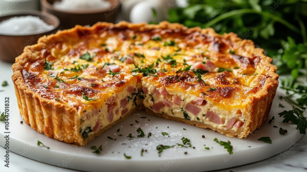 A classic quiche vendor with one slice cut out, on a white marble surface, with fresh herbs and salt in the background A classic quiche vendor with one slice cut out, on a white marble surface, with fresh herbs and salt in the background