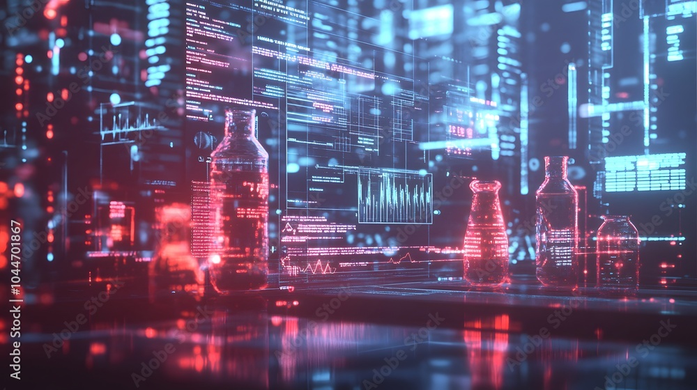 Fototapeta premium Abstract digital display with laboratory glassware glowing in neon light.