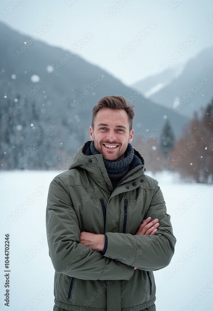 A charming cheerful happy man on snowy winter landscape background A charming cheerful happy man on snowy winter landscape background