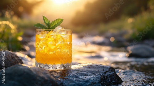 A highball glass of yellow cocktail with ice and mint garnish, sitting on top of a rock next to a stream in nature photo