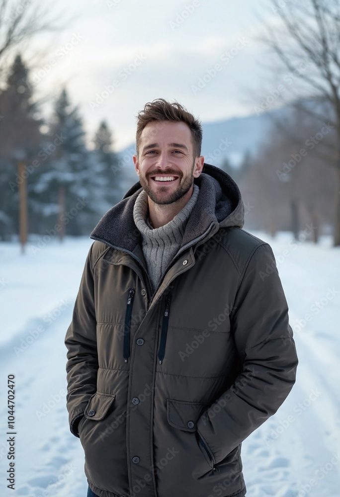 A charming cheerful happy man on snowy winter landscape background A charming cheerful happy man on snowy winter landscape background