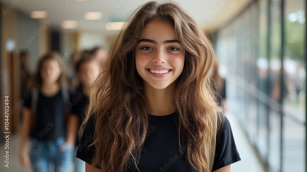 A photo of a happy female student standing in the hallway, smiling at the camera with a group of students behind her out of focus A photo of a happy female student standing in the hallway, smiling at the camera with a group of students behind her out of focus
