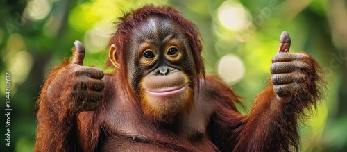 An exuberant orangutan showing thumbs up in a joyful capture. photo