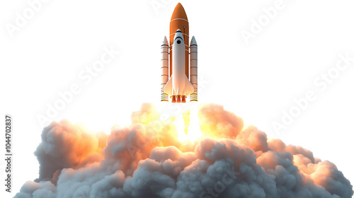 Shuttle launch a 3D rocket in space and clouds Business startup and business growth concept  isolated on a white background