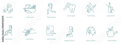 Drink Water, Eat Vegetables, Balanced Diet, Regular Exercises, Dental Hygiene, Avoid Smoking, Avoid Drinking, Maintain a Good Posture, Hand Washing, Health Checkup, Breathing Exercise vector icons