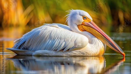 Silhouette of Great White Pelican resting, sleeping, preening photo