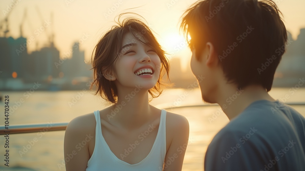 An Asian couple happily conversing on the deck of a cruise ship An Asian couple happily conversing on the deck of a cruise ship