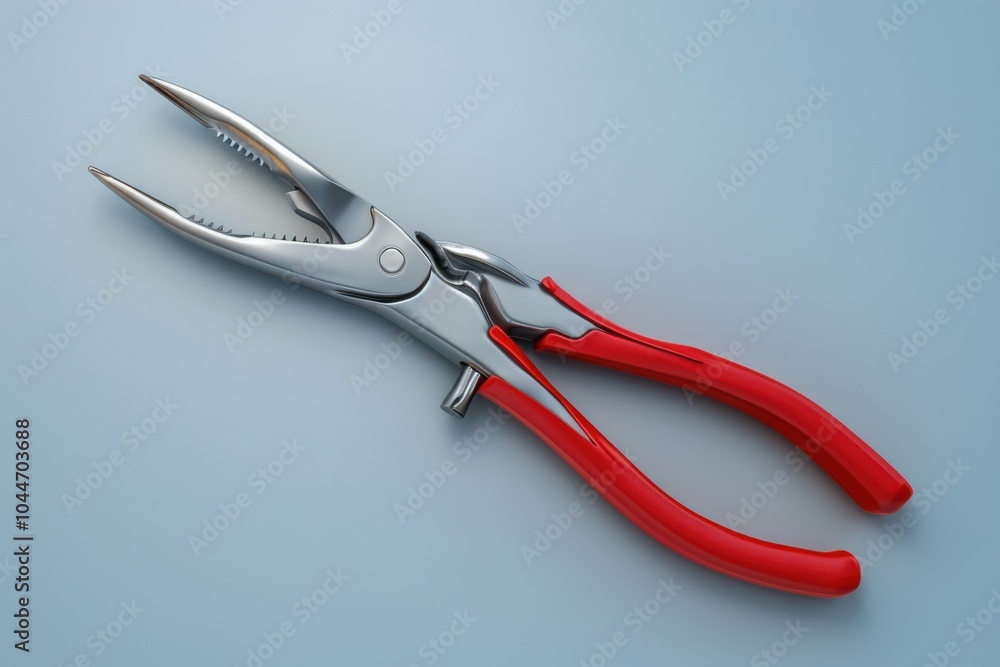 Red-handled pliers on a blue background in a workshop setting Red-handled pliers on a blue background in a workshop setting