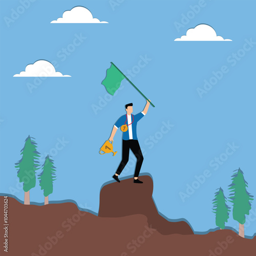 Success leadership to achieve goal, motivation or aspiration to reach target, winner challenge, growth journey or honor pride concept, success businessman holding winning flag trophy on mountain peak