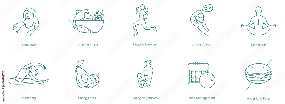 Drink Water, Eat Vegetables, Regular Exercises, Get Enough Sleep, Meditation, Stretching, Eat Fruits, Time Management, Avoid Junk Foods Vector Icon Set Drink Water, Eat Vegetables, Regular Exercises, Get Enough Sleep, Meditation, Stretching, Eat Fruits, Time Management, Avoid Junk Foods Vector Icon Set