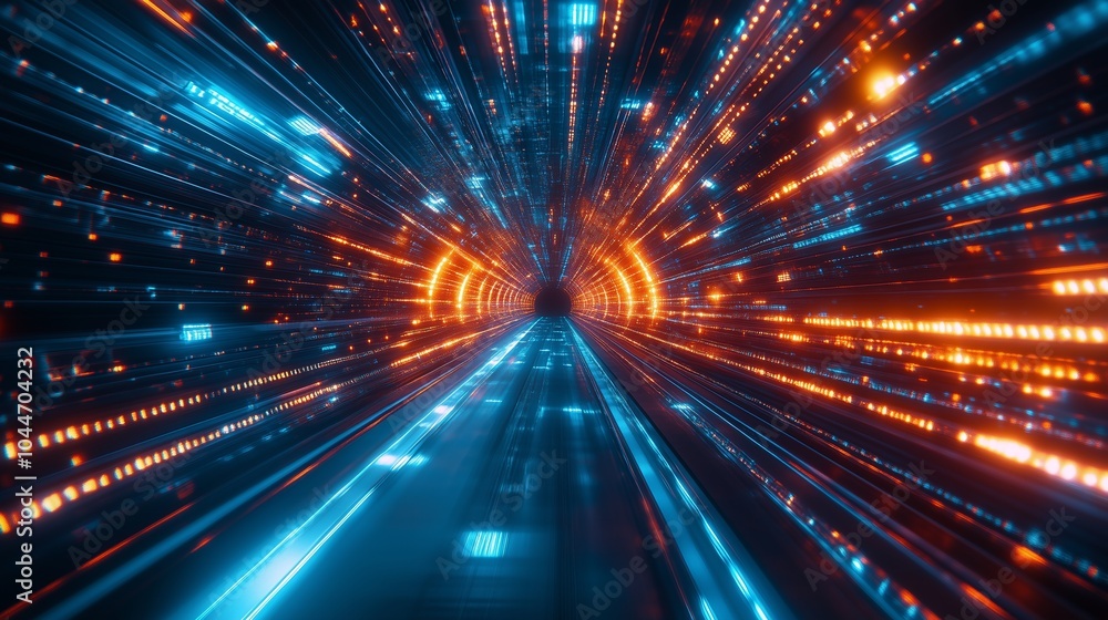 High-speed light streaks in blue and orange, futuristic tunnel background, high speed motion blur High-speed light streaks in blue and orange, futuristic tunnel background, high speed motion blur