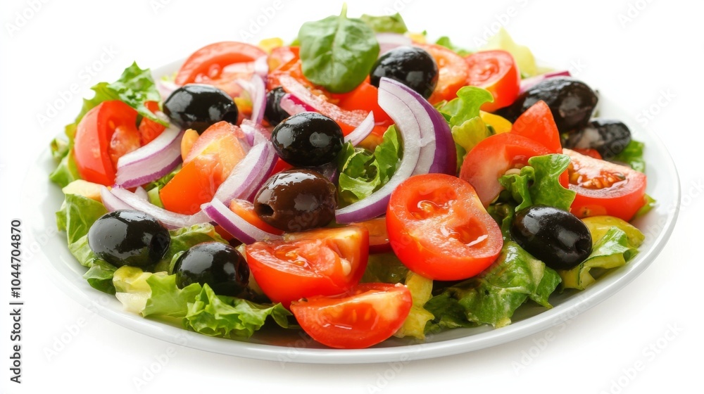 Fresh Salad with Olives and Red Onions on White Background Fresh Salad with Olives and Red Onions on White Background