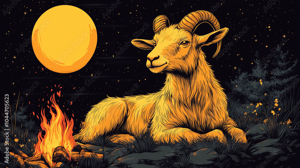 Fototapeta premium A goat with golden fur lies calmly next to a bright fire. The setting features a radiant moon and a dark sky, with hints of trees in the background.