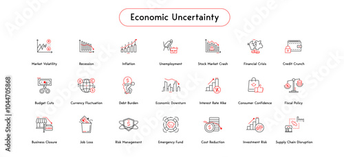 Icons Set Representing Key Factors of Economic Uncertainty. Essential Economic Challenges and Financial Risks. Vector Editable Icons.