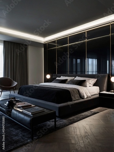 an interior room with a bed with luxurious lighting