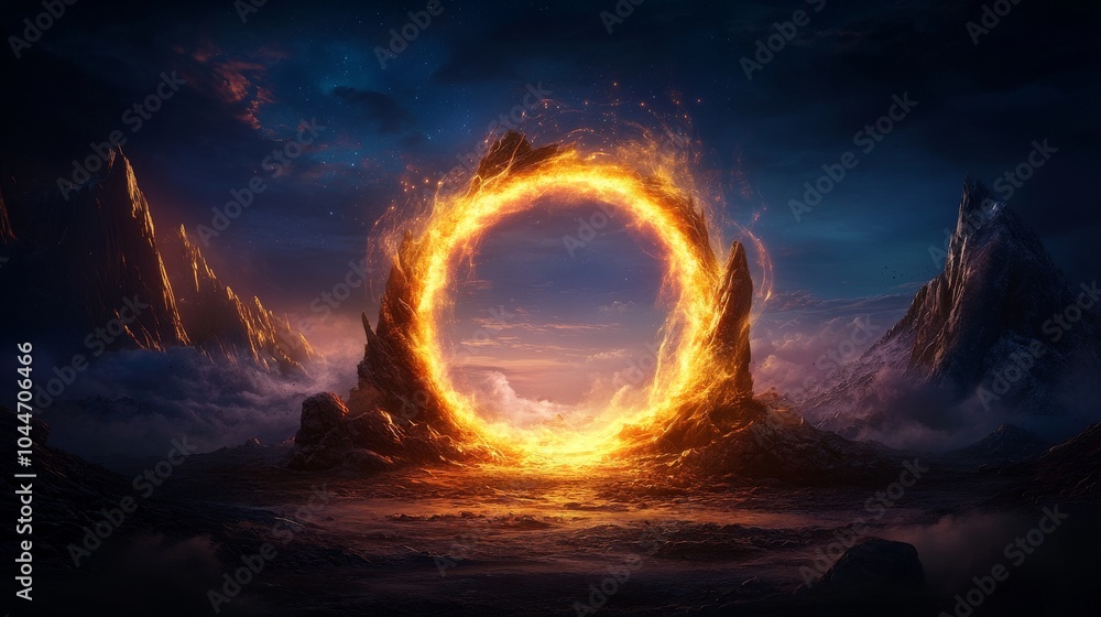 Mystical fiery portal amidst rugged mountains at twilight Mystical fiery portal amidst rugged mountains at twilight