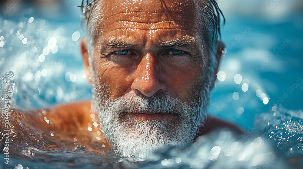 Close-up portrait of a senior man in the swimming pool. Close-up portrait of a senior man in the swimming pool.