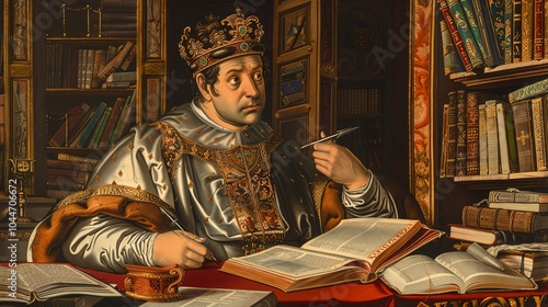 King Alfonso X of Castile studying in his library, depicted with scholarly grace and vibrant colors in Renaissance art