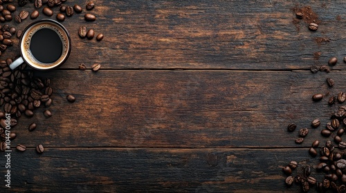 A panoramic banner mockup featuring a rustic wooden table with scattered coffee beans and a steaming cup of coffee, blank space for commercial text overlay, for cafe or coffee shop promotions