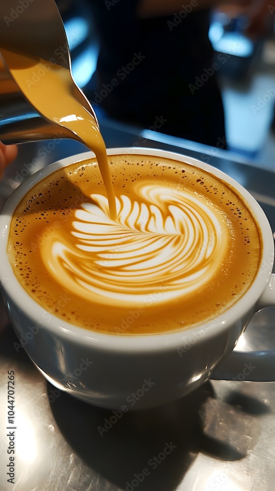 Close-up of latte art being poured into a white coffee cup. Close-up of latte art being poured into a white coffee cup.