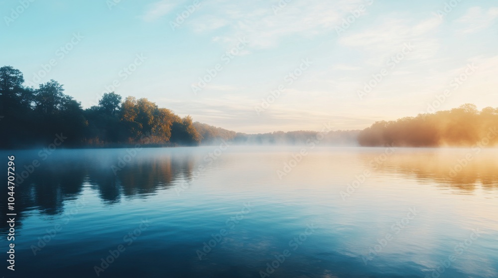 Fototapeta premium A panoramic banner mockup featuring a serene lakeside at dawn with mist rising from the water, providing ample blank space for commercial text overlay, ideal for wellness or nature promotions