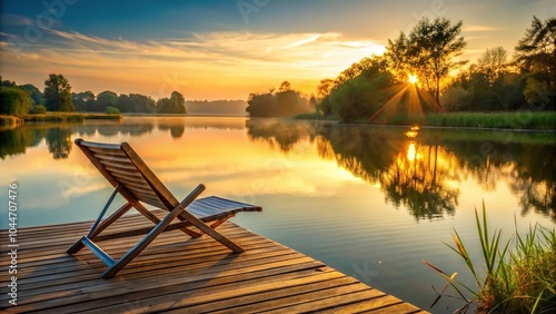 Tilted angle deck chair by pond at sunrise