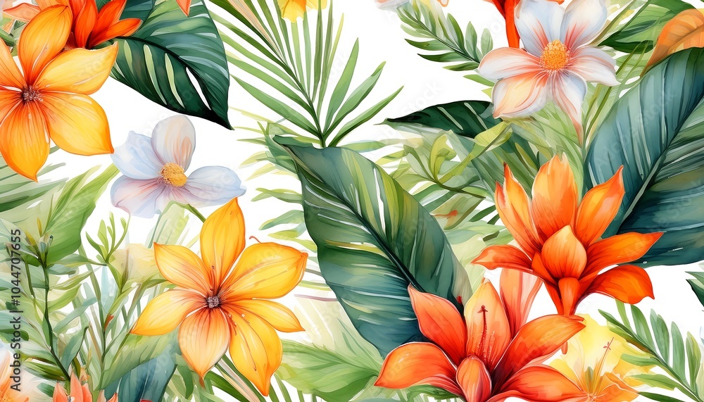 A vibrant pattern featuring various flowers and leaves, perfect for spring and summer decoration A vibrant pattern featuring various flowers and leaves, perfect for spring and summer decoration
