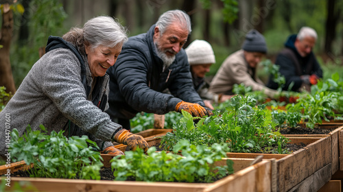 Wallpaper Mural Elderly people planting seedlings in a wooden box in the garden Torontodigital.ca