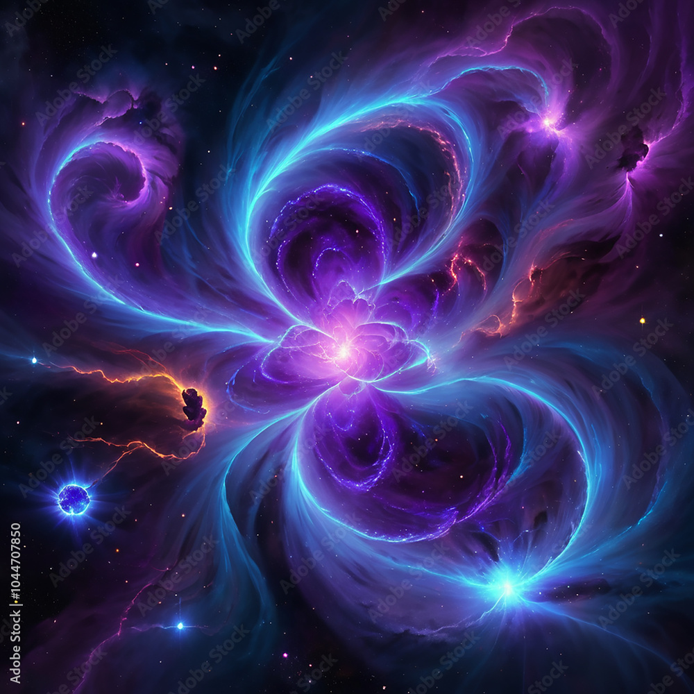 A vibrant cosmic nebula filled with swirling gas clouds in shades of purple and blue, illuminated by bright stars, creating a mesmerizing celestial display. A vibrant cosmic nebula filled with swirling gas clouds in shades of purple and blue, illuminated by bright stars, creating a mesmerizing celestial display.