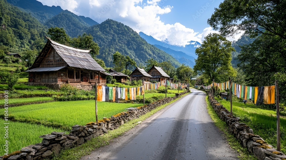 A quiet village road lined with colorful banners encouraging votes, winding through charming cottages and peaceful landscapes, symbolizing civic pride A quiet village road lined with colorful banners encouraging votes, winding through charming cottages and peaceful landscapes, symbolizing civic pride
