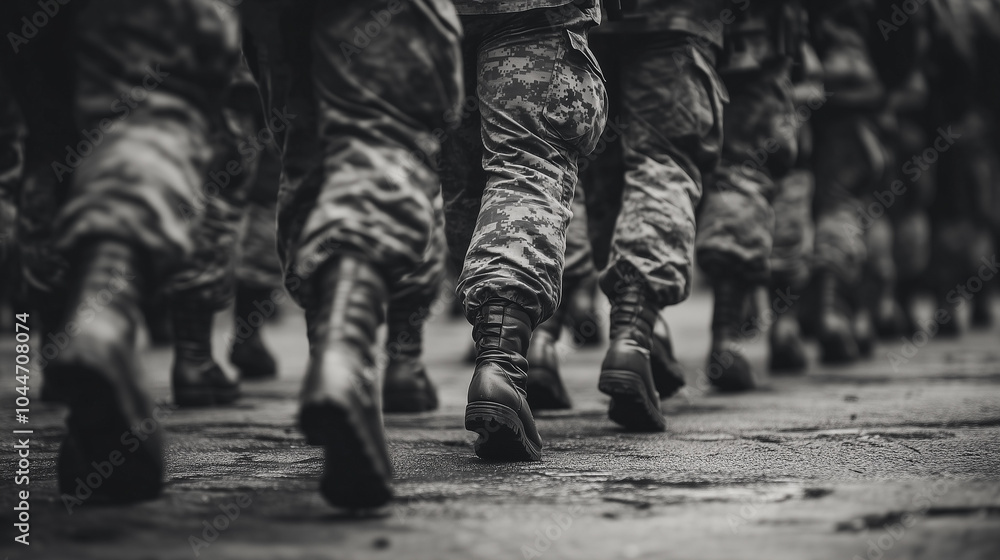 Soldiers in formation march in a parade, showing unity and strength. Black and white image symbolizes patriotism, courage, and honor. Close-up view highlights dedication and service