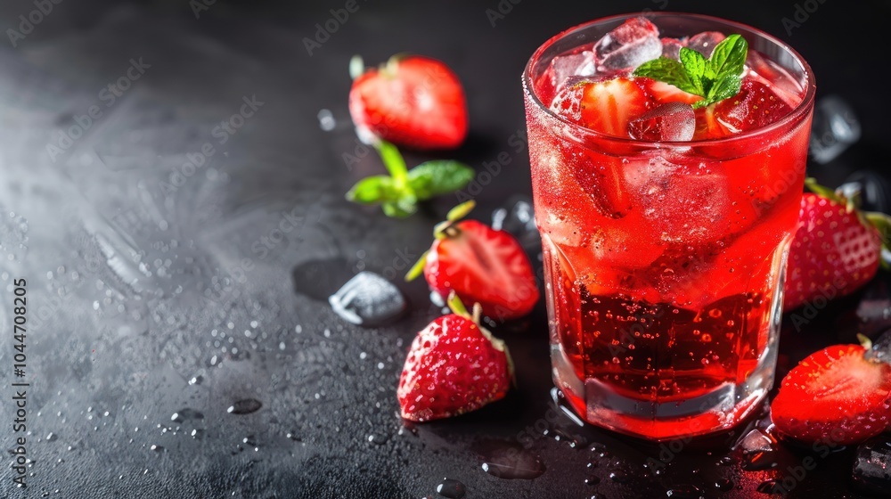Fresh strawberry cocktail with ice cubes on a dark background, AI generated image Fresh strawberry cocktail with ice cubes on a dark background, AI generated image