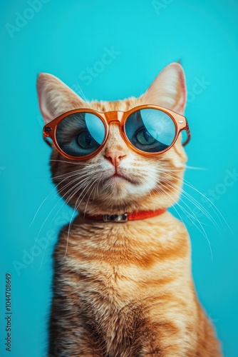 Fashionable cat sporting sunglasses, posed before a cerulean blue background.