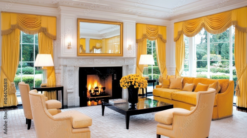 Fototapeta premium Elegant and Cozy Traditional Living Room with Warm Fireplace and Luxurious Furnishings