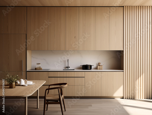 Modern style inspired neutral kitchen with wood panneling. Wood panneling interior. Light blue colors interior. photo