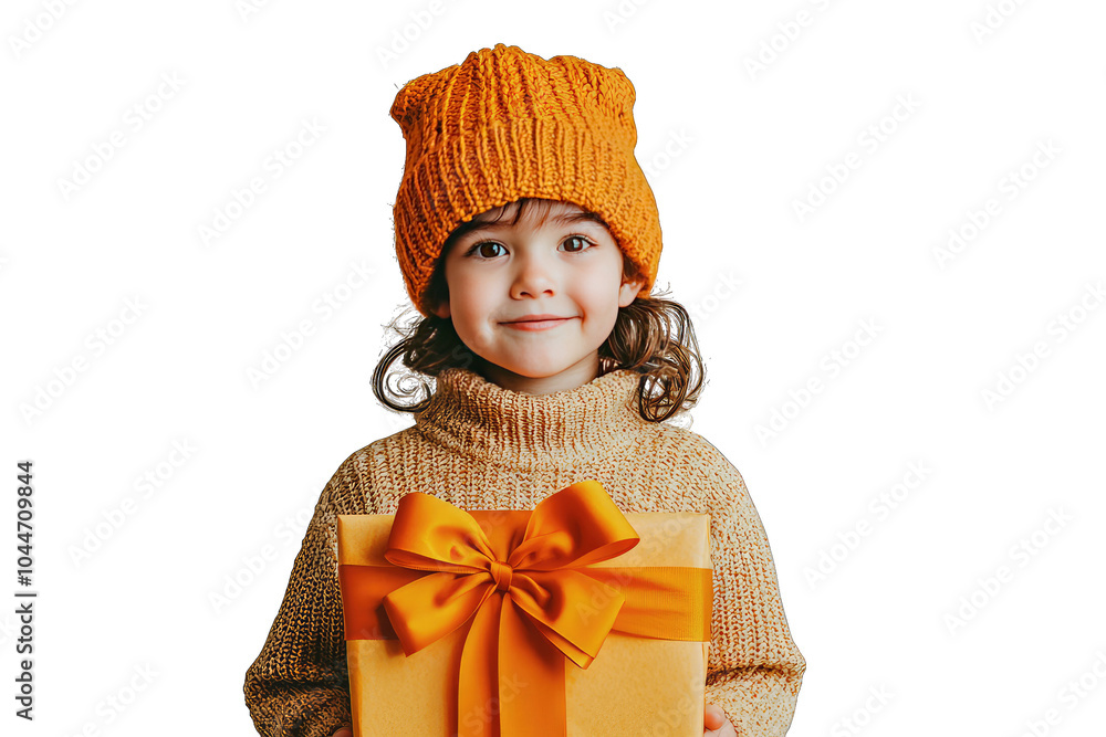 Smiling child in warm knitwear holding a gift box. Smiling child in warm knitwear holding a gift box.
